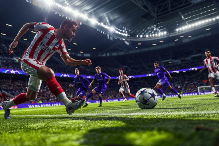 A soccer player in a red and white uniform kicking the ball on a lush green pitch