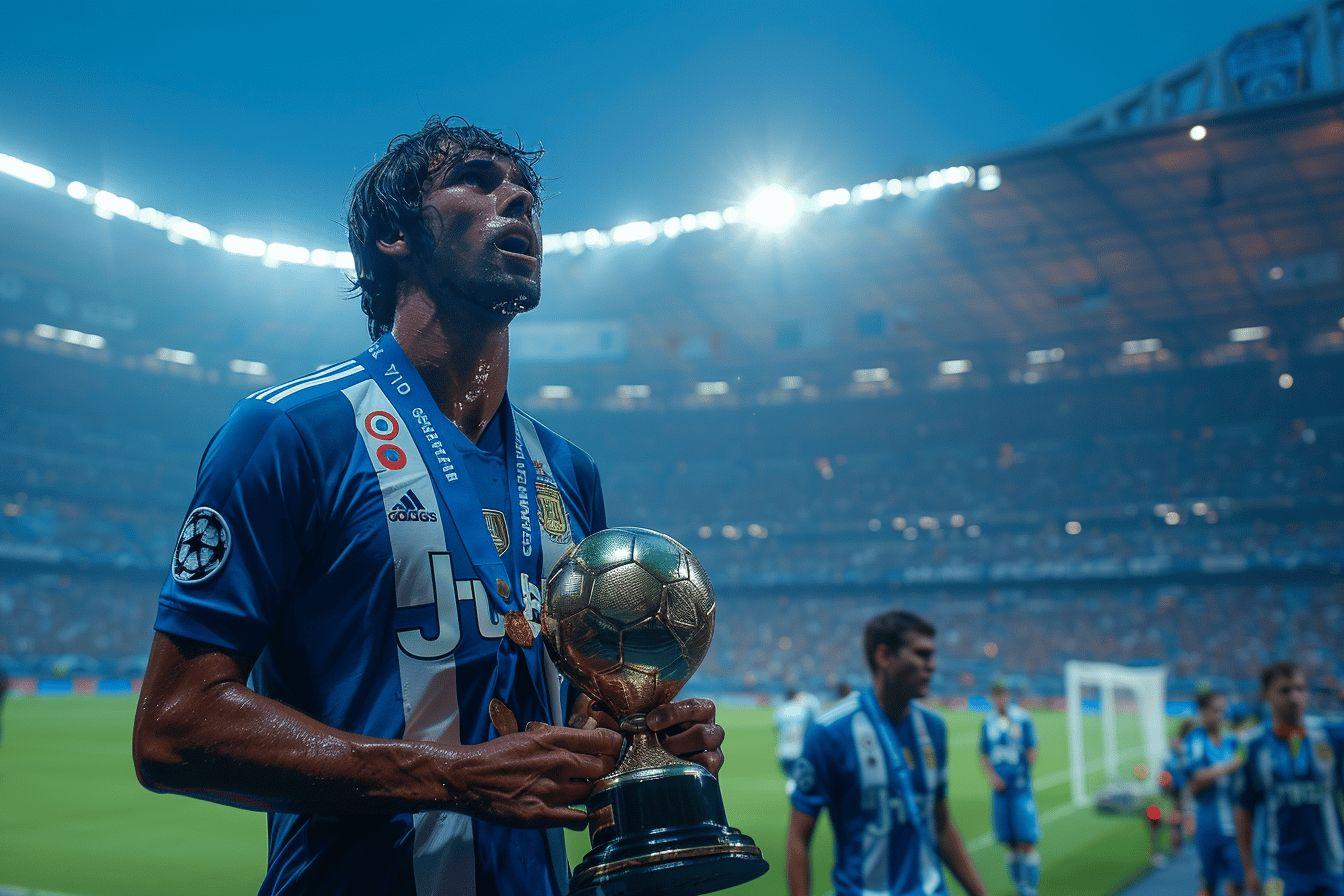 Player in soccer jersey holding championship trophy in stadium