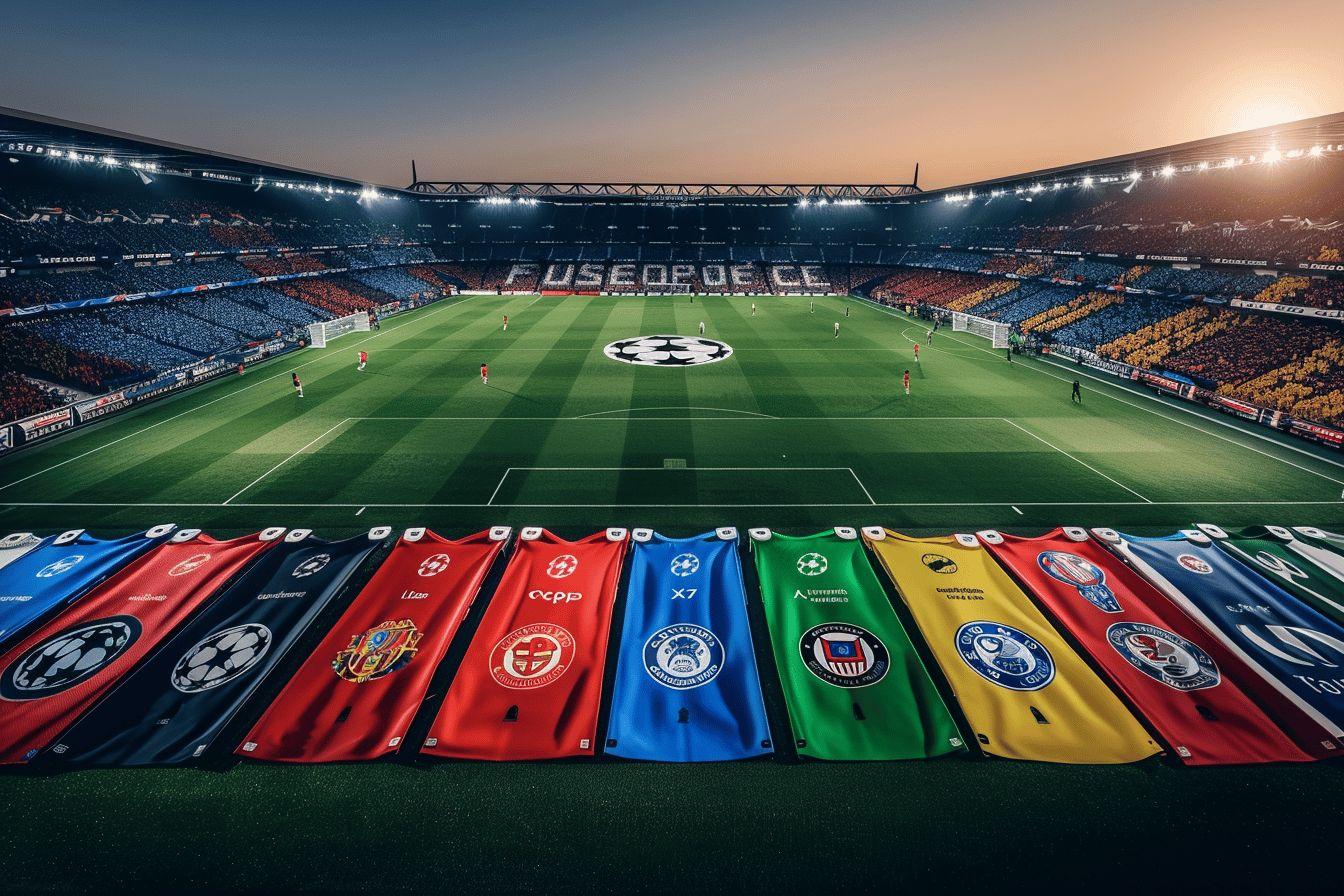 Illuminated soccer stadium with teams' flags displayed in the foreground