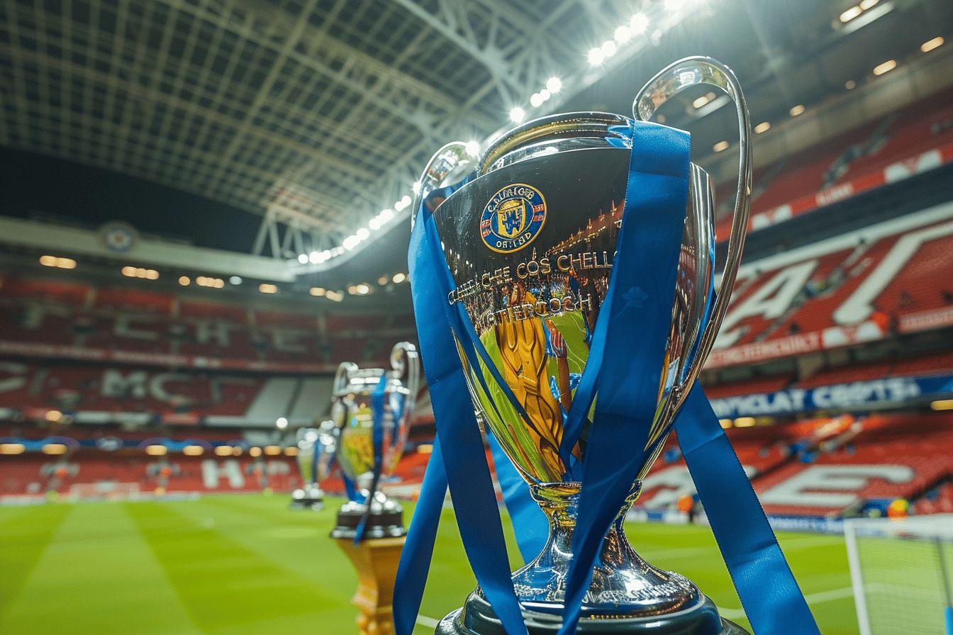 Close-up view of the UEFA Champions League trophy on the field