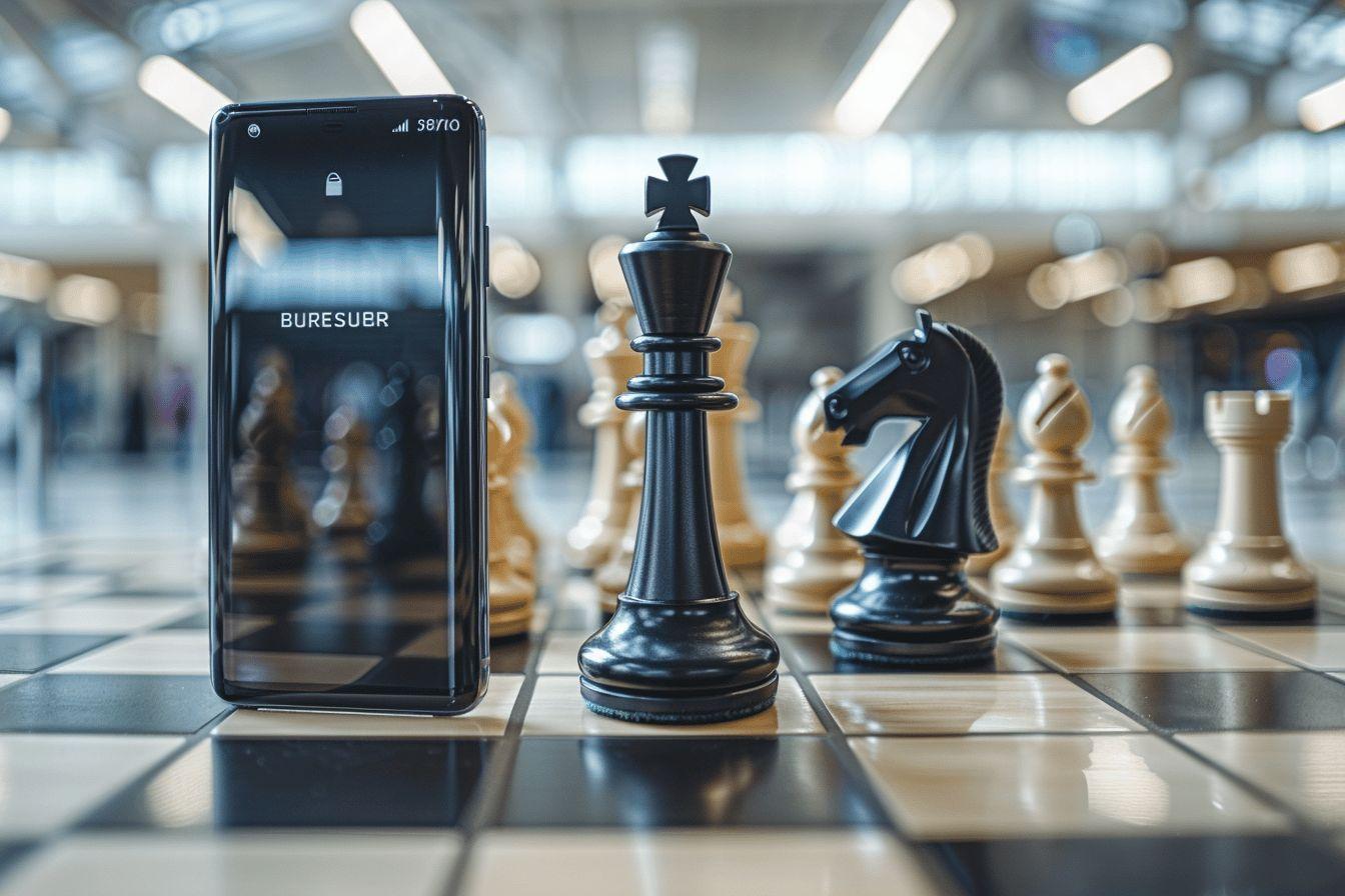 A mobile phone displaying a chess application on a chessboard with chess pieces