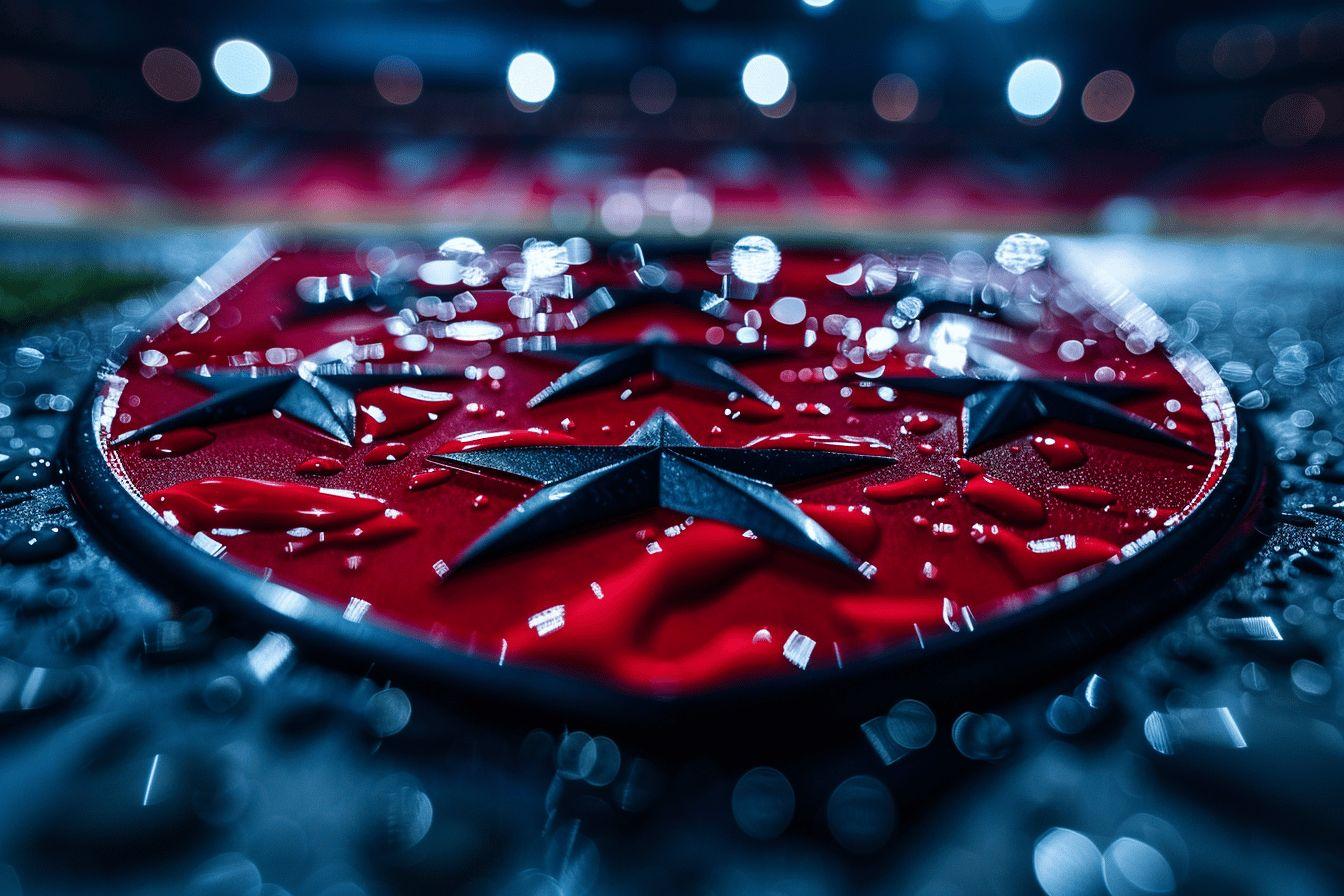 Fractured red glass with stars and swirling light in a dark blue background