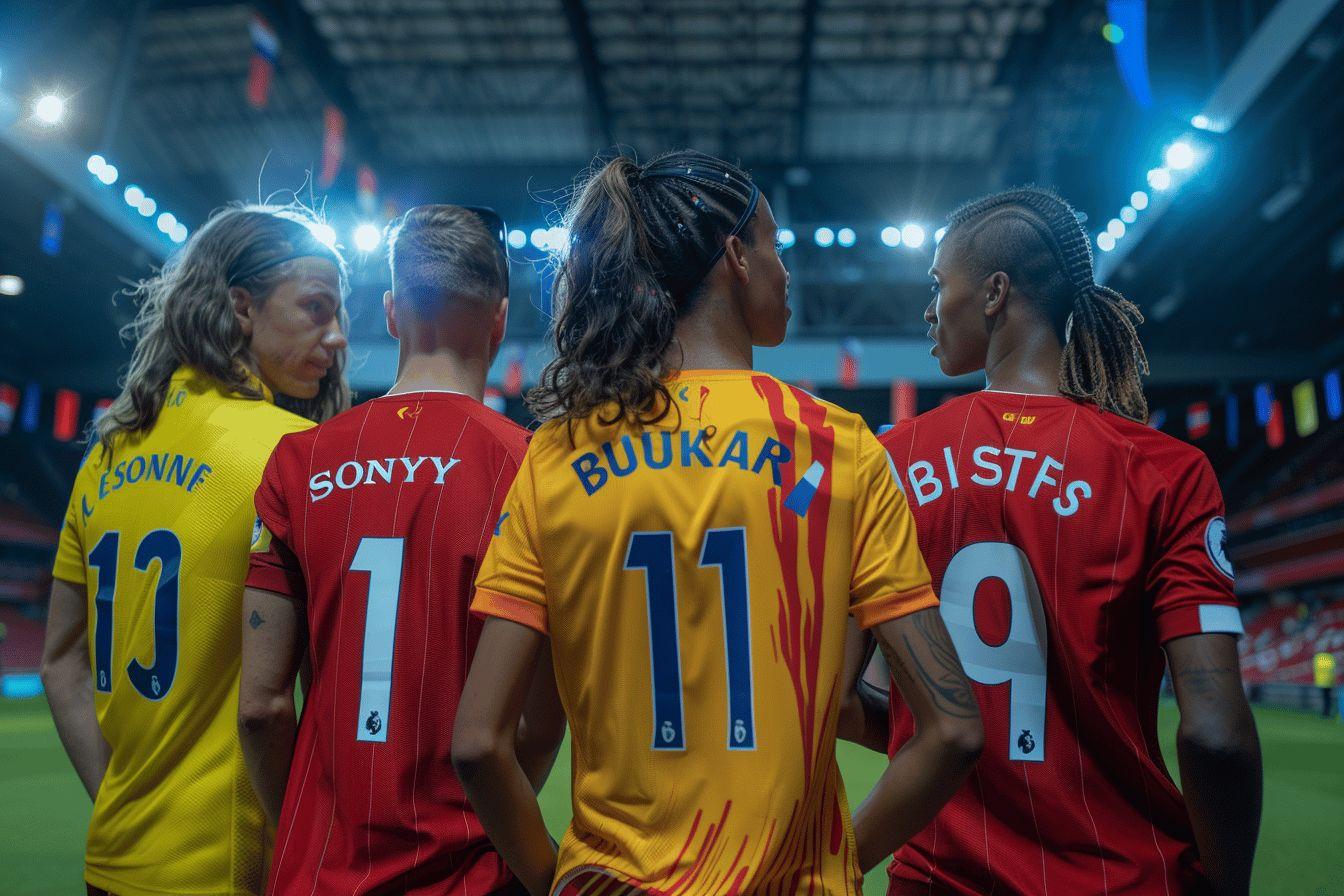 A group of diverse women wearing soccer jerseys with different team names