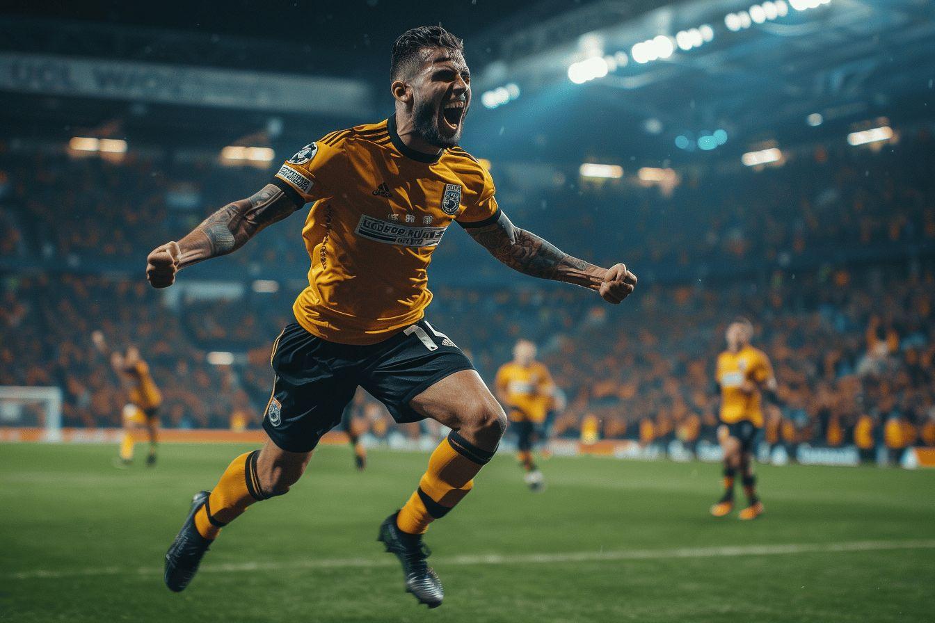 A soccer player in a yellow jersey celebrates after scoring a goal.