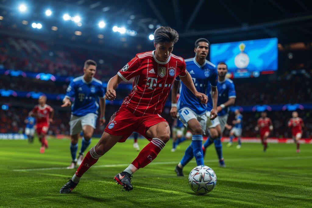 A soccer player in a red jersey dribbling a ball on a soccer field