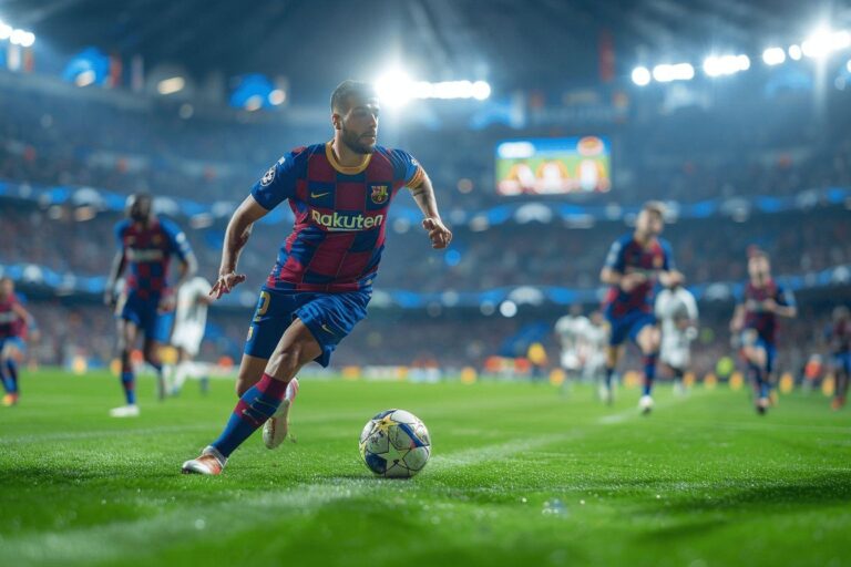 A footballer wearing a Barcelona FC jersey dribbling a ball on a soccer pitch