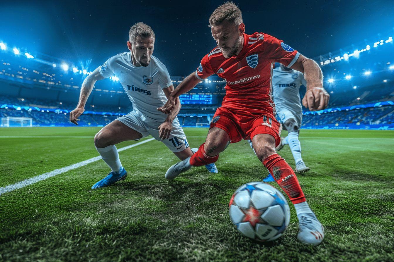 Two soccer players competing for the ball on a brightly lit field