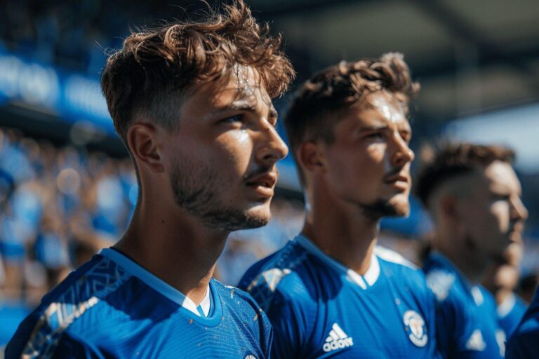Two young football players in blue jerseys standing together