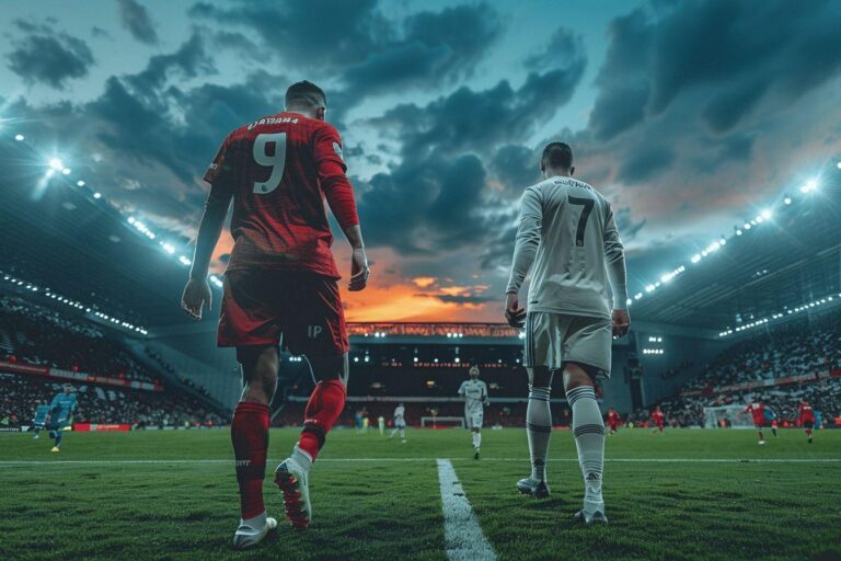 Two soccer players in opposing jerseys facing each other on a stadium field