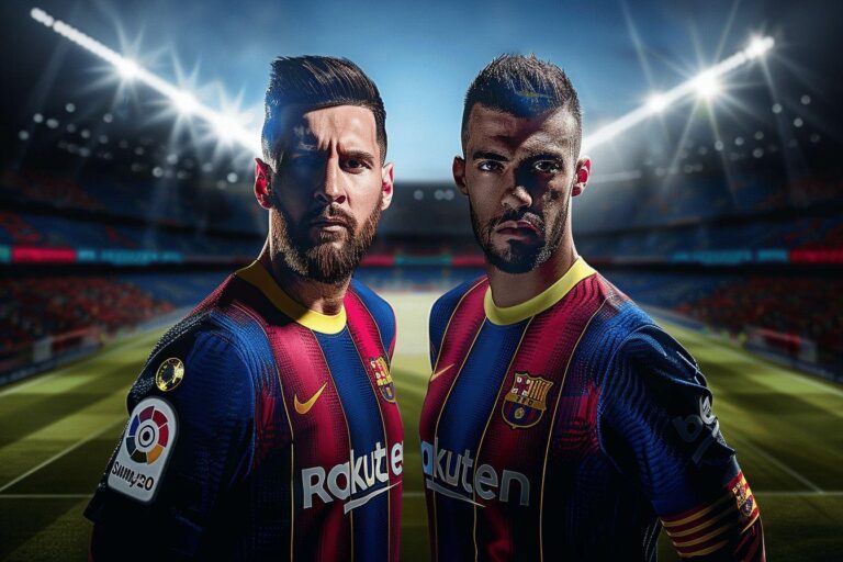 Two professional football players in jerseys posing on stadium field