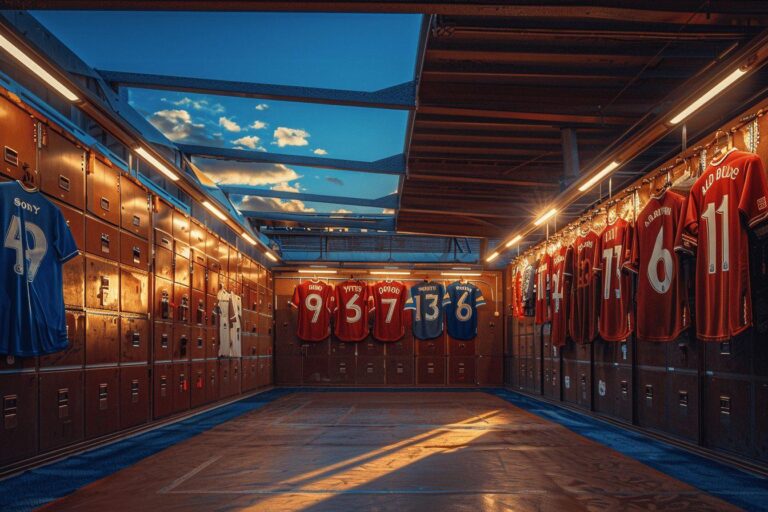 Locker room with soccer jerseys and lockers, with bright clouds in the background