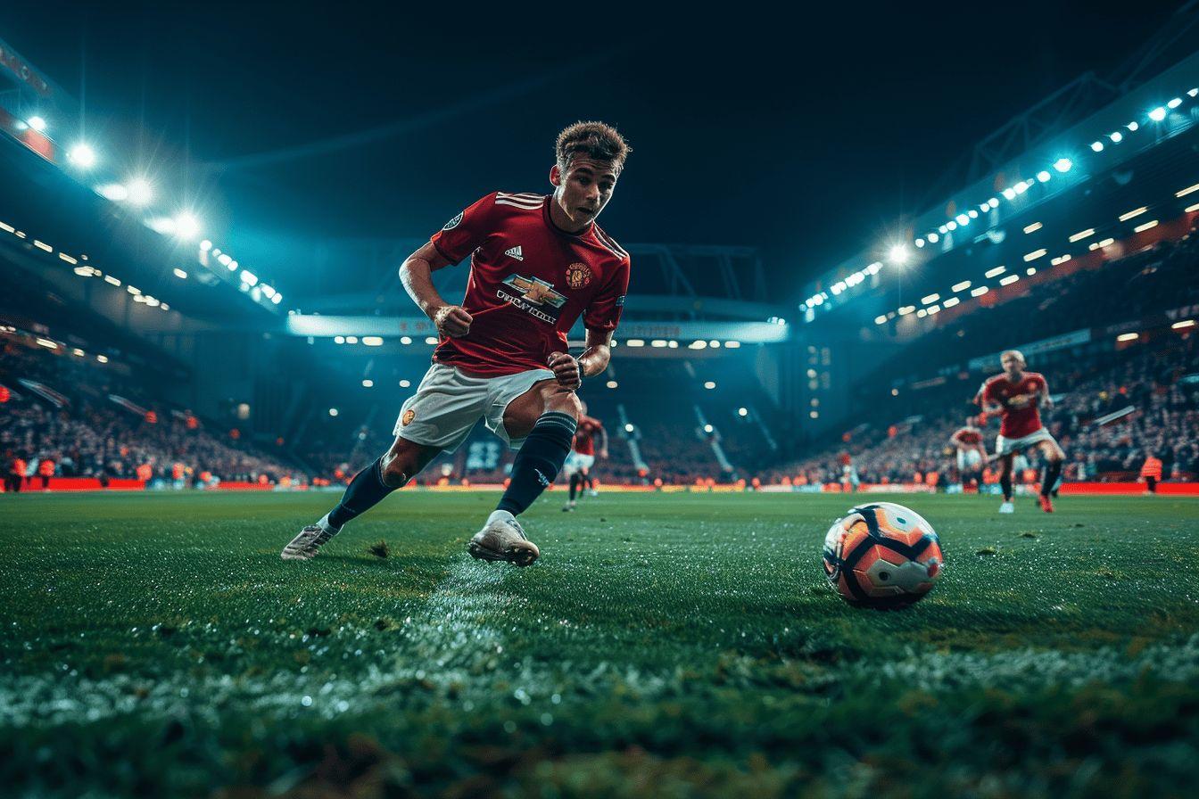 A soccer player in a red jersey dribbling the ball on a lit soccer field