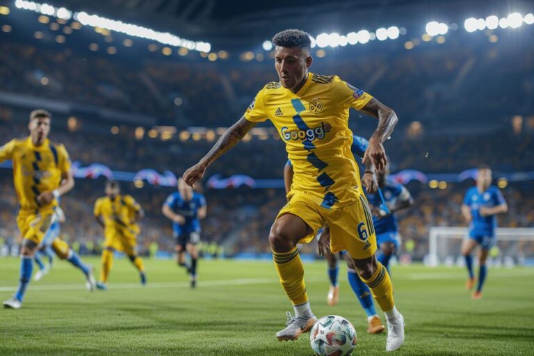 A professional football player in a yellow jersey dribbling the ball on a soccer field.