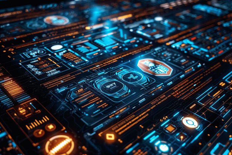 Intricate digital display with futuristic geometric patterns and symbols