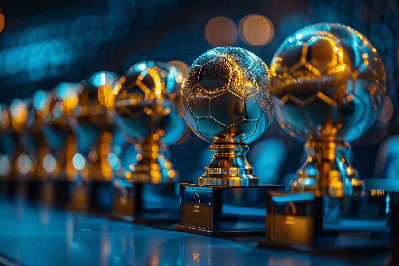 A golden soccer ball trophy standing among other shimmering trophies against a dark, blurred background
