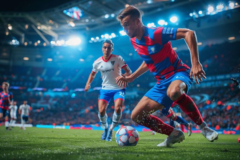 Two soccer players competing for the ball on a brightly lit field