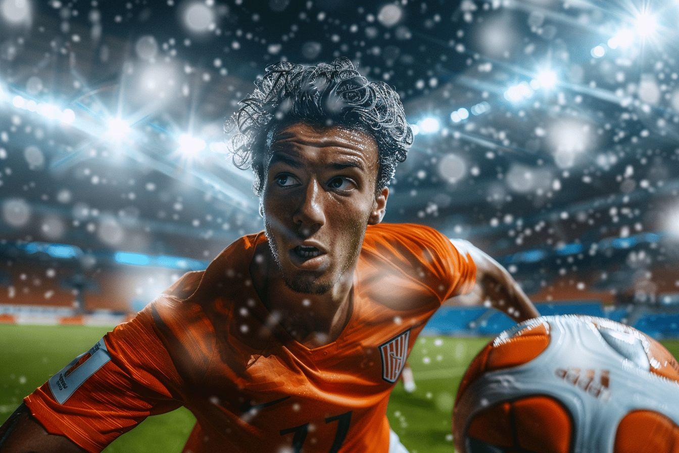 A soccer player in an orange jersey sprinting through falling snow on a field