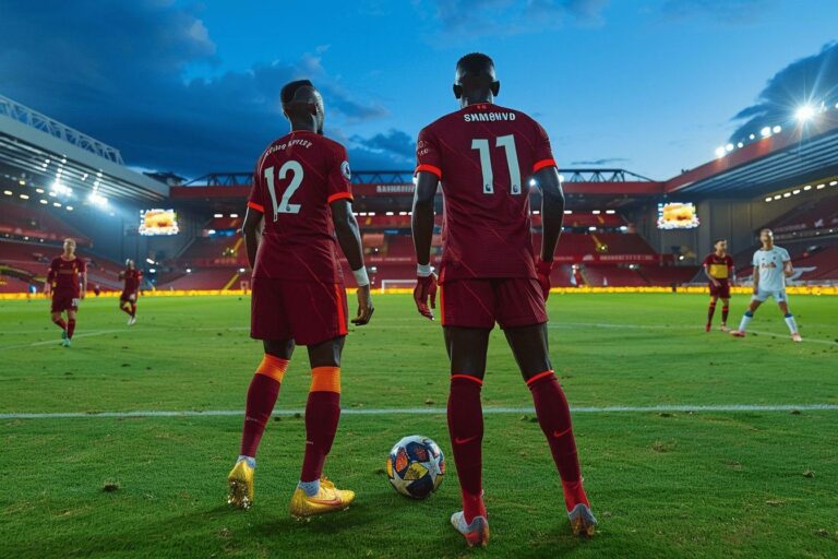 Two Liverpool football players standing on the field holding a soccer ball