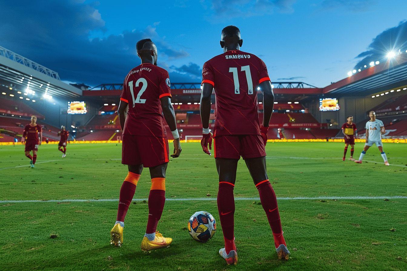 Two Liverpool football players standing on the field holding a soccer ball