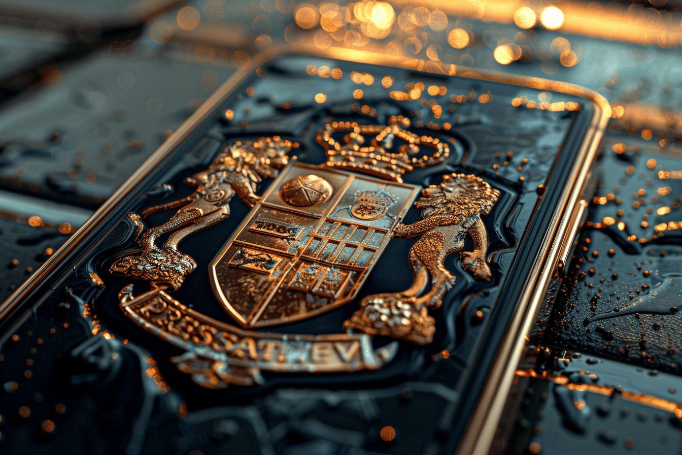 Detailed golden coat of arms with crowns, shields, and intricate patterns