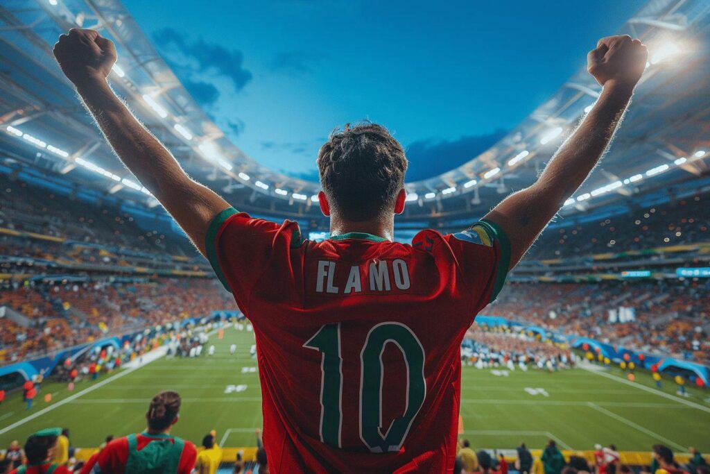 A person in a red jersey with the number 10 and the name 'FLAMO' on the back raises their arms in celebration in a sports stadium.