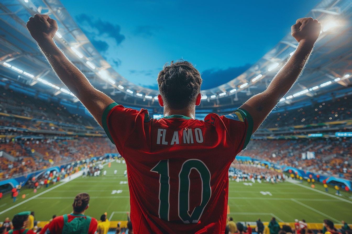 A person in a red jersey with the number 10 and the name 'FLAMO' on the back raises their arms in celebration in a sports stadium.