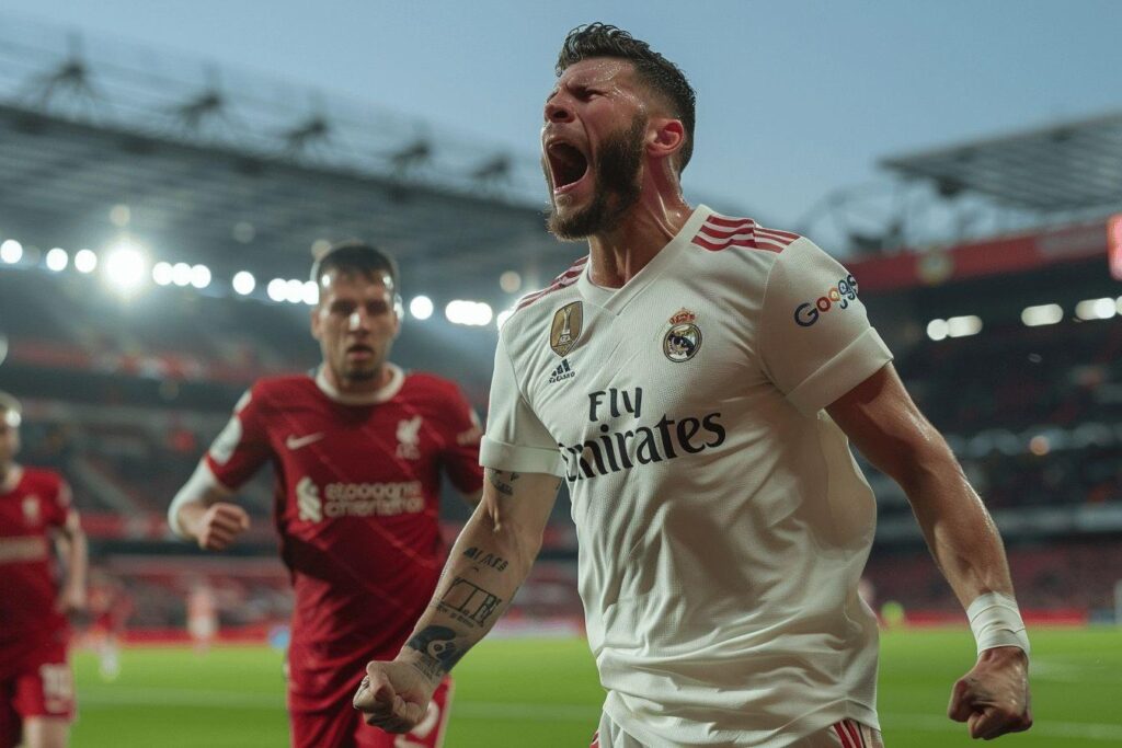 A soccer player in a white jersey celebrates with an open-mouthed expression.