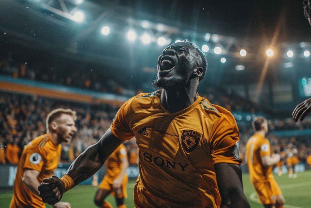 A soccer player in an orange jersey passionately celebrates on the field.
