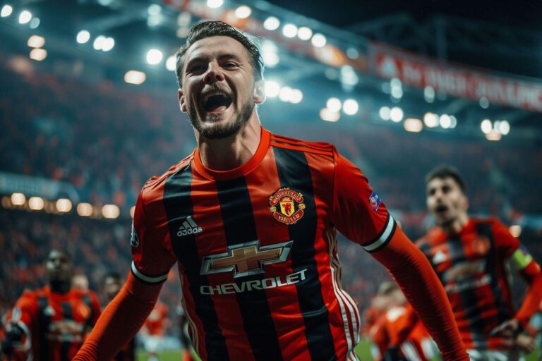 A soccer player in a red and black jersey enthusiastically celebrates after scoring a goal.