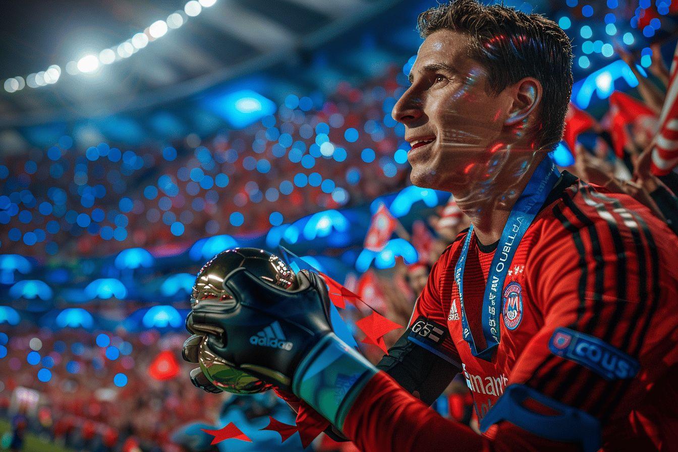 A soccer player in a red uniform stands on a field with bright lights and colorful lights in the background.
