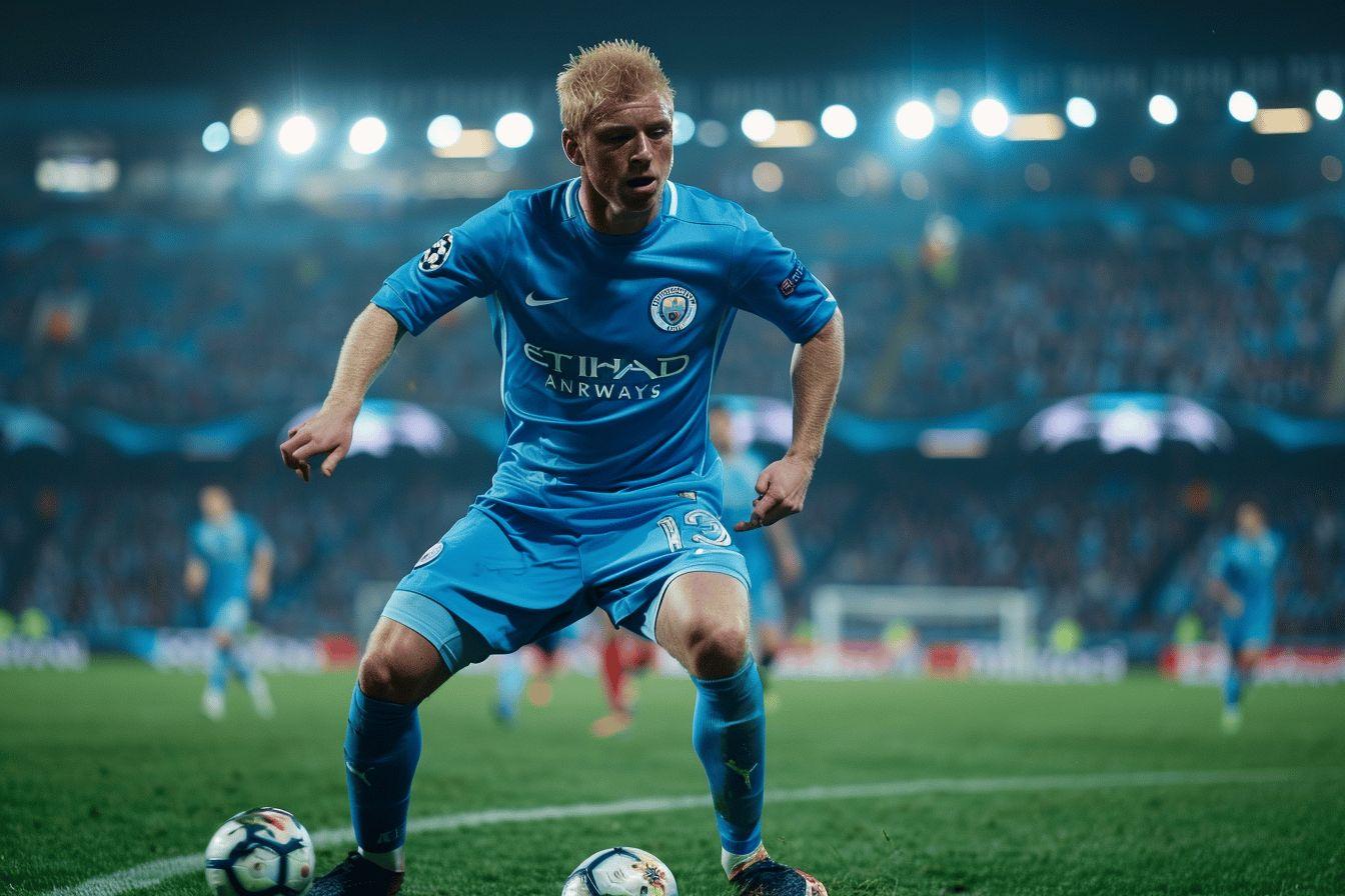 A soccer player wearing a blue jersey dribbling the ball on the field.