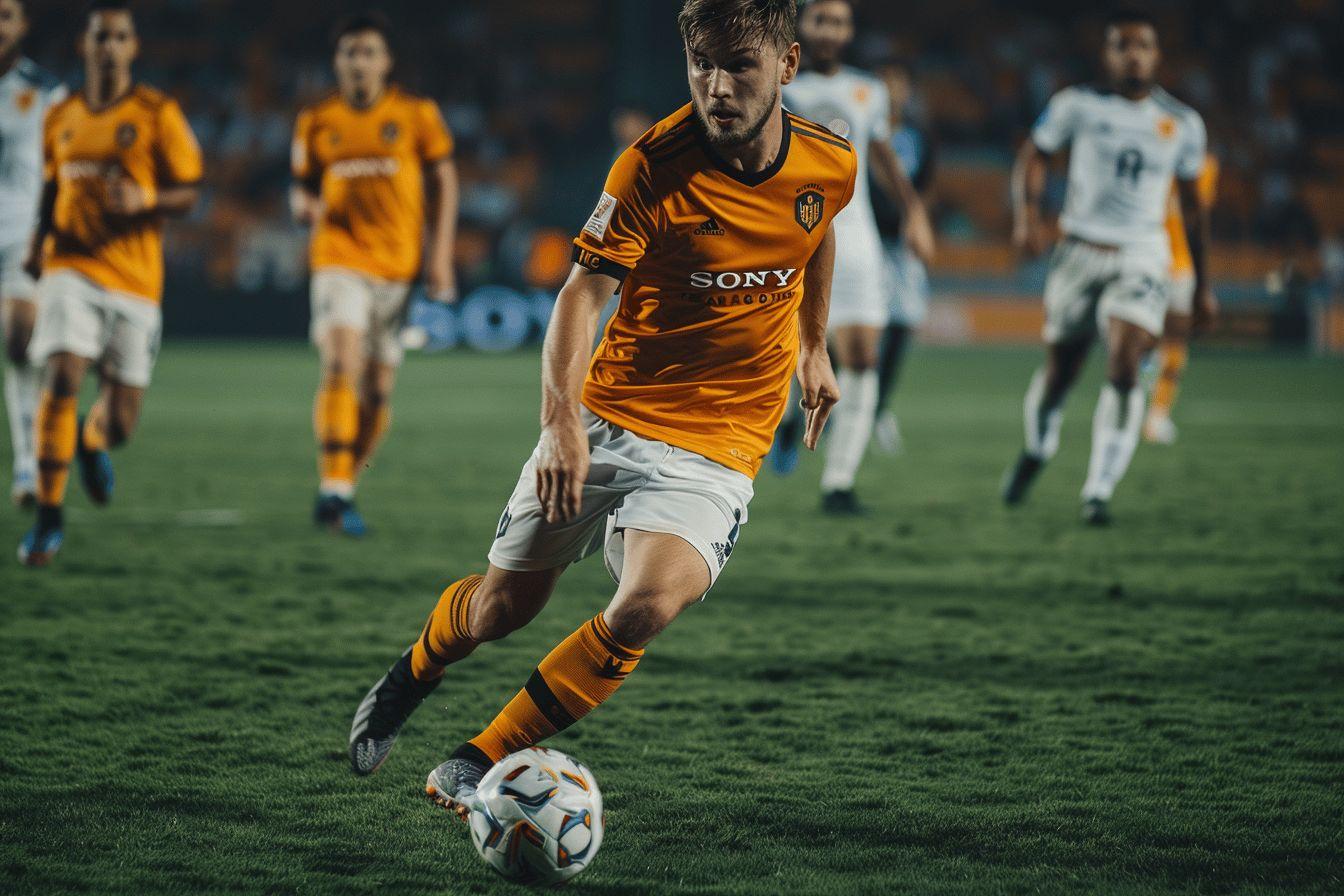 Soccer player in orange jersey running with the ball on the field