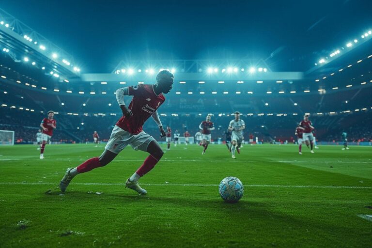 A soccer player in a red jersey running with the ball on a lighted soccer field