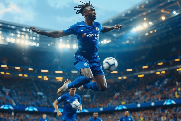 A soccer player wearing a blue jersey jumps high to kick the ball.