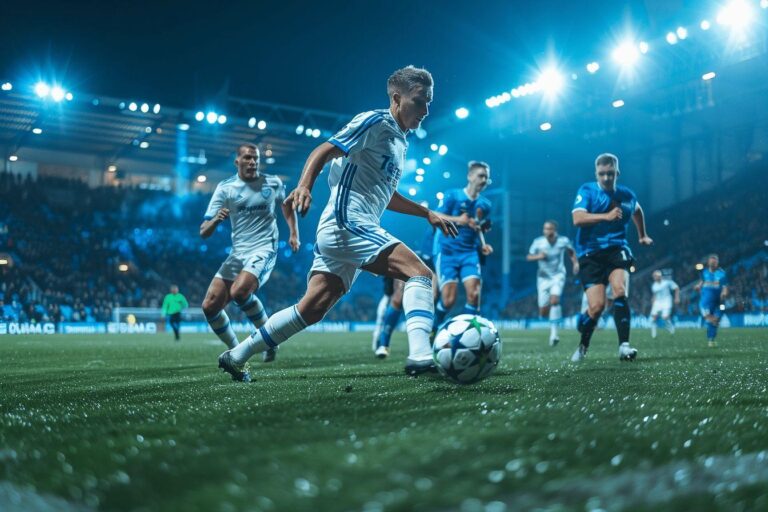 A soccer player in a white uniform sprinting with the ball on a lit-up pitch.