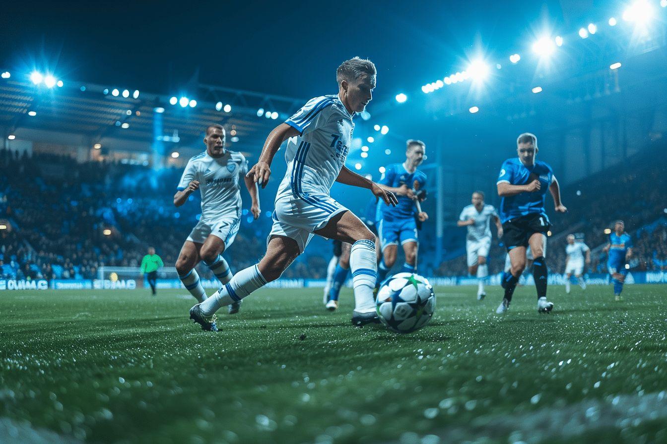 A soccer player in a white uniform sprinting with the ball on a lit-up pitch.
