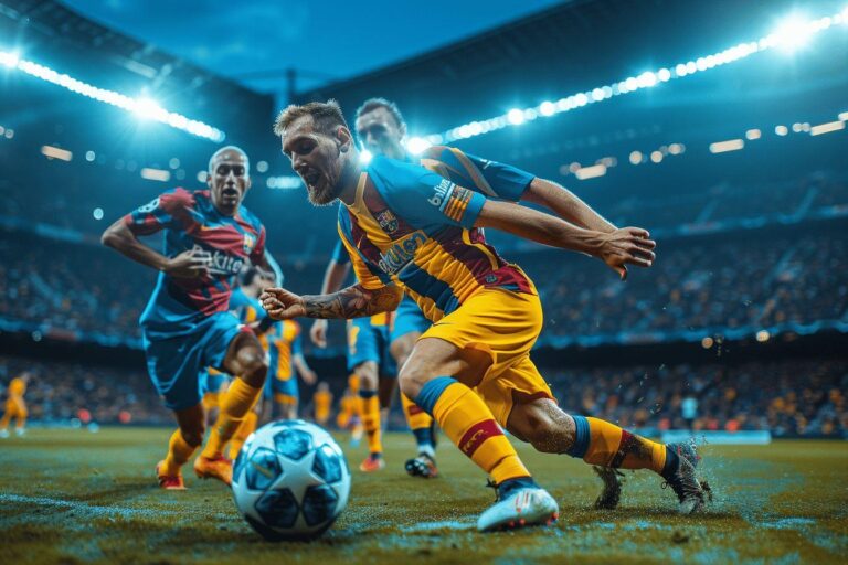 Two soccer players in action on a brightly lit field