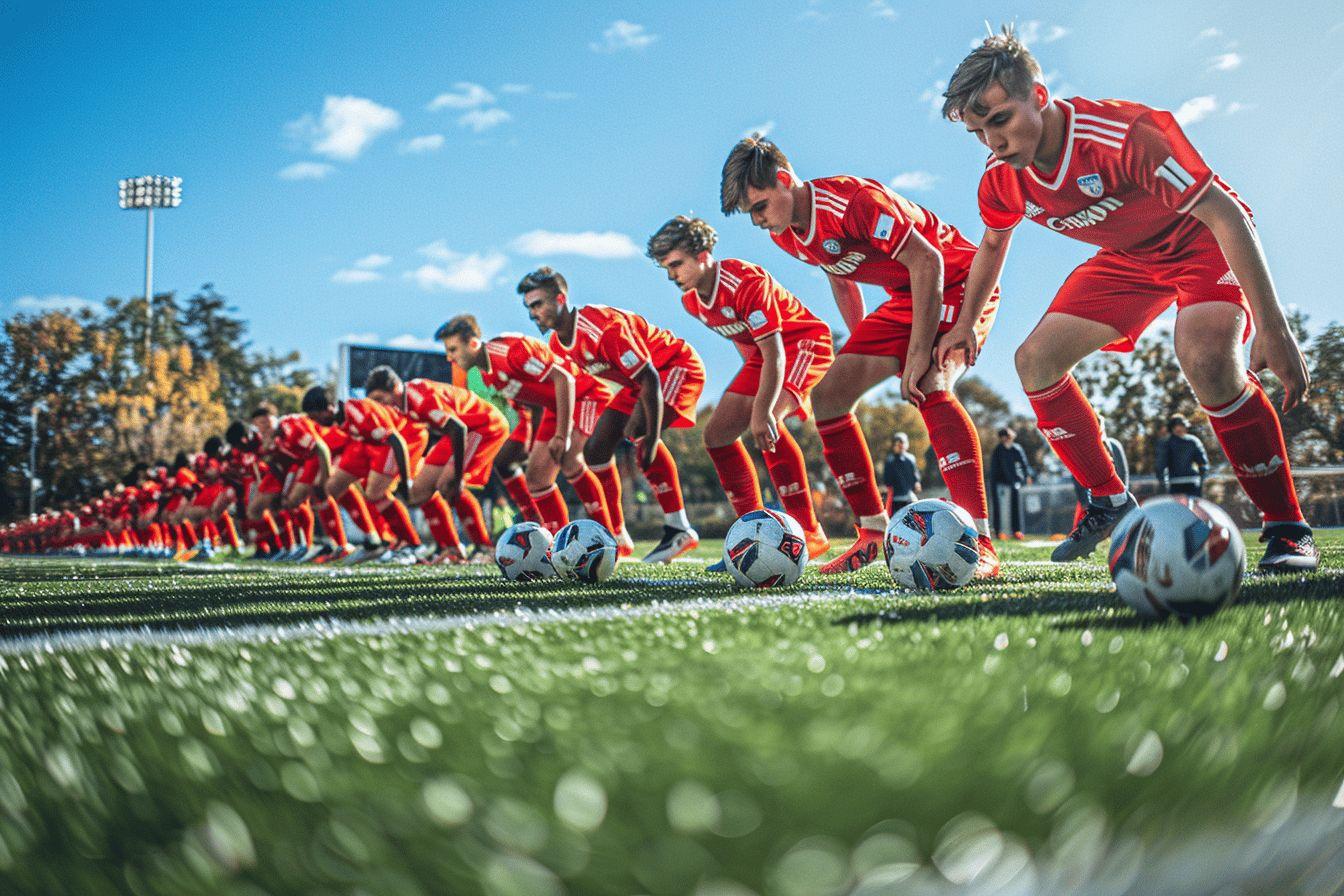 A group of soccer players in red uniforms on a field