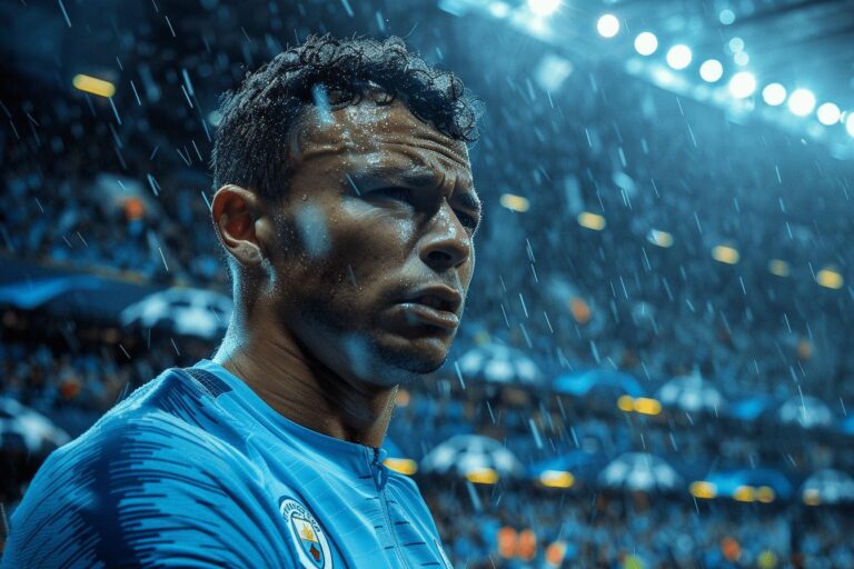 A person standing alone in a heavy rainstorm, their face wet and pensive