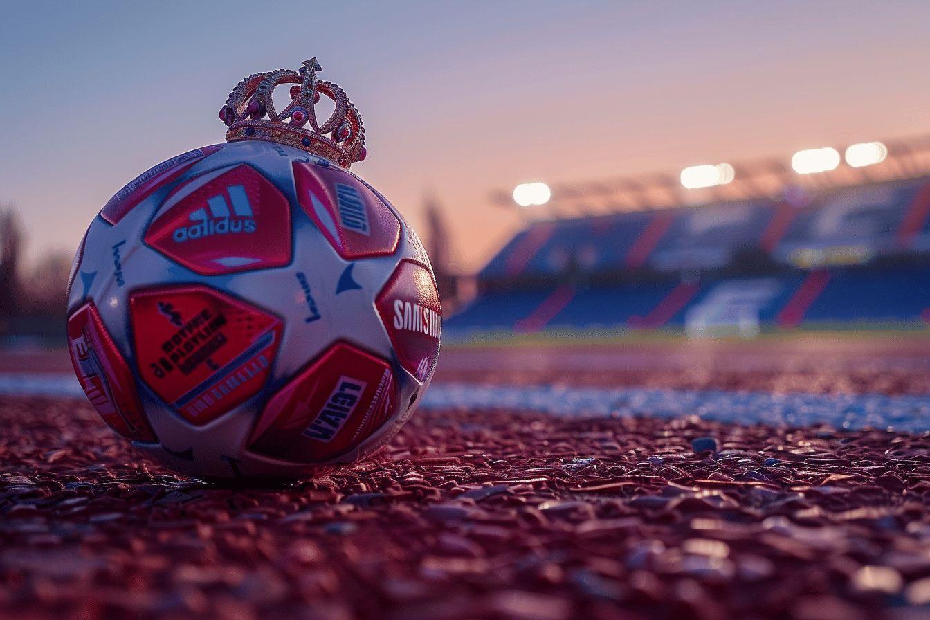 Closeup of a soccer ball adorned with a crown on a field at sunset