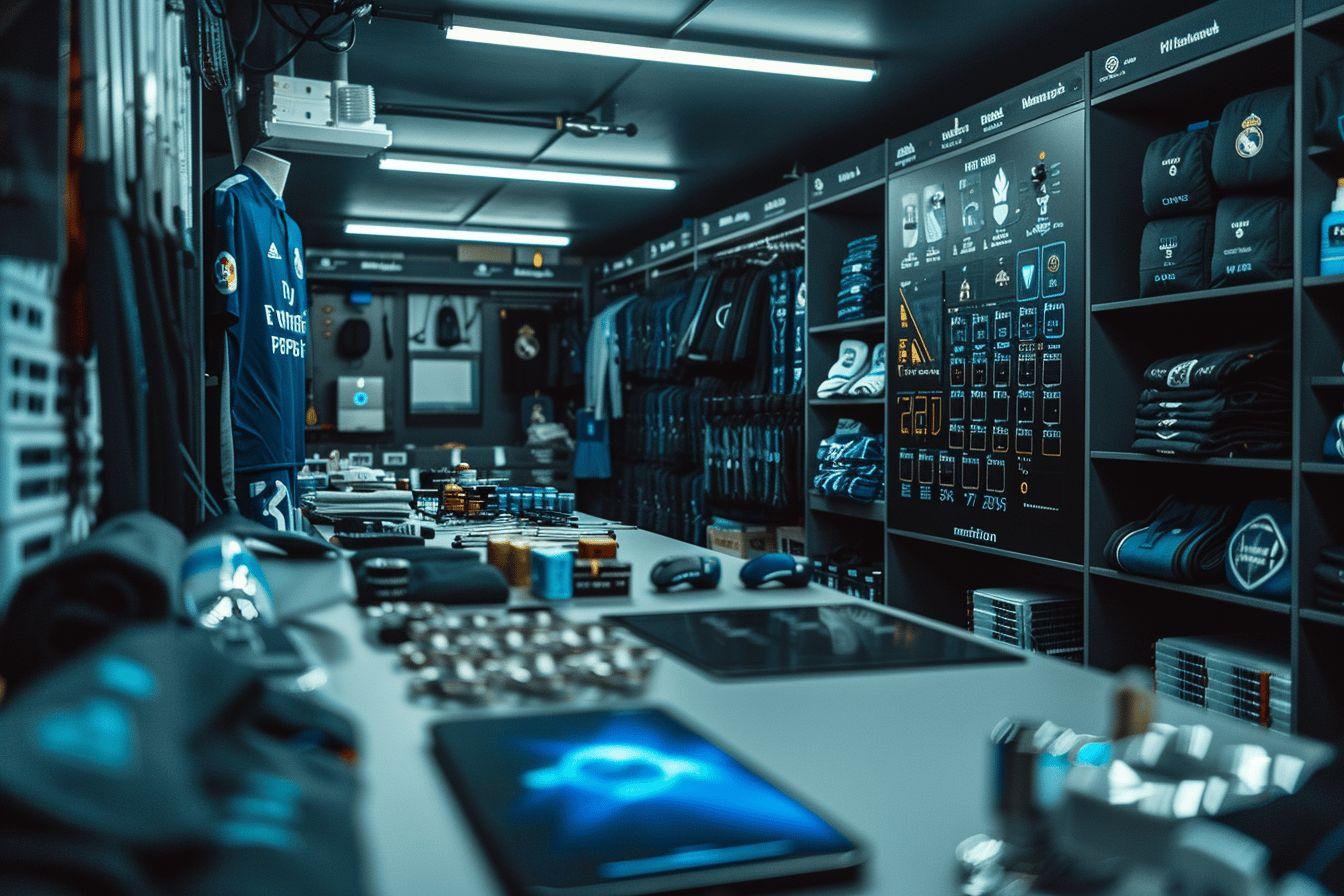 A high-tech locker room with advanced technology and sports equipment.