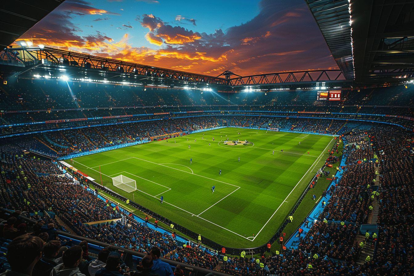 Aerial view of a crowded soccer stadium with a lush green field at sunset