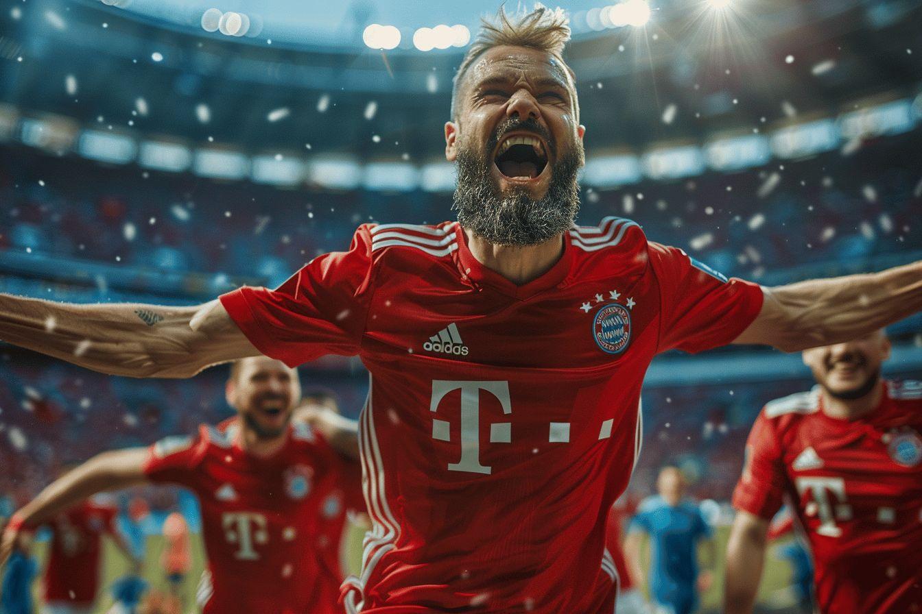 Bearded soccer player in red jersey celebrates with arms outstretched