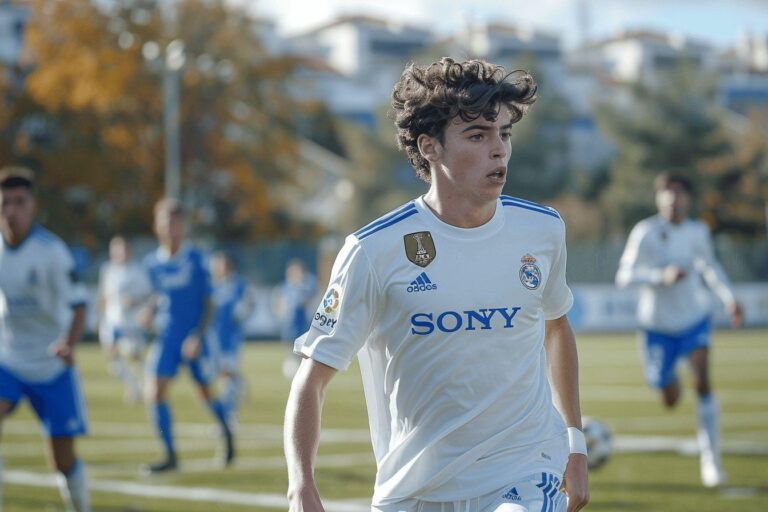 A young male soccer player in a white jersey and shorts running on a field.