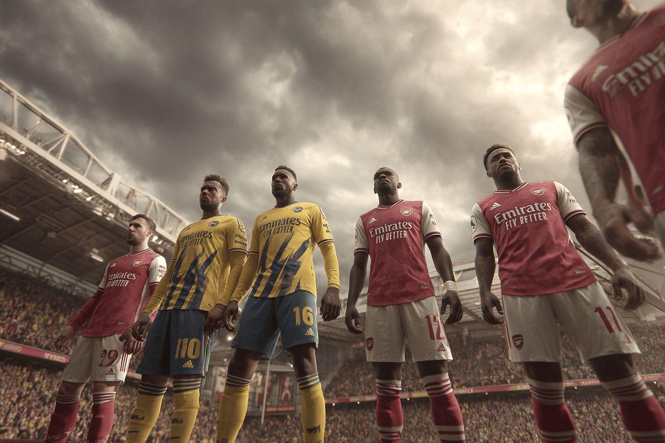 Soccer players in red and yellow Emirates jerseys standing together