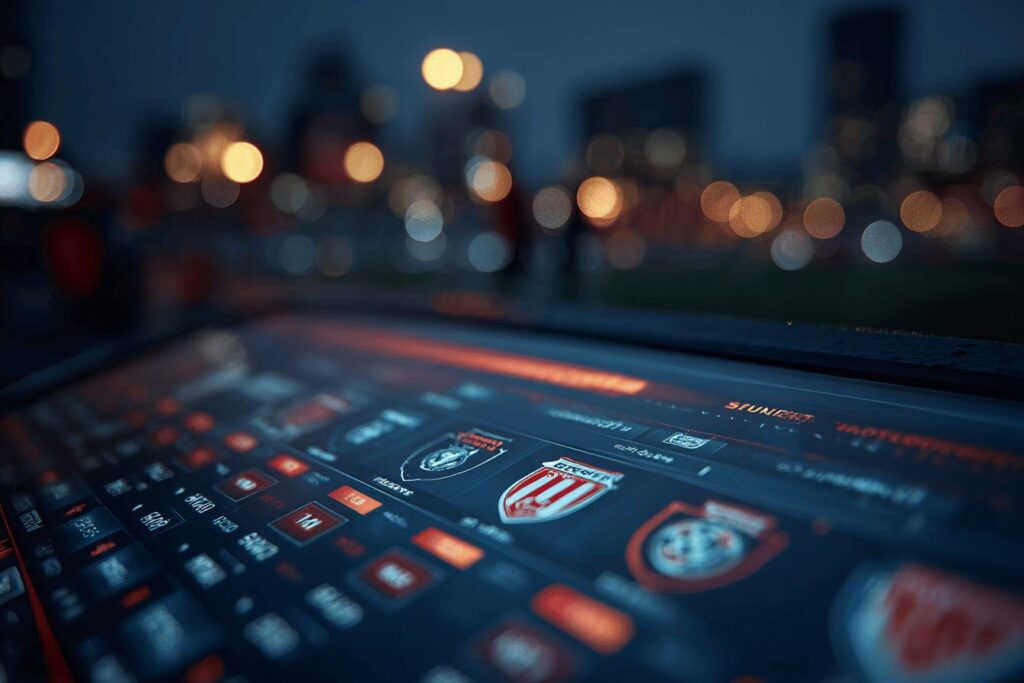 Blurred city lights behind digital soccer team management screen