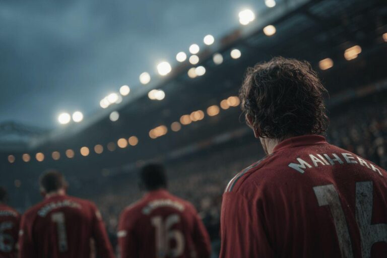 Rear view of soccer players in red jerseys at night