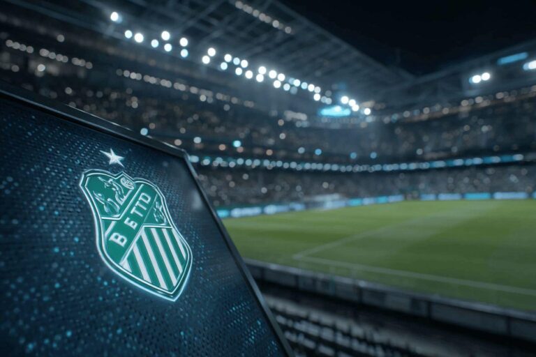 Green sports club shield in illuminated stadium at night