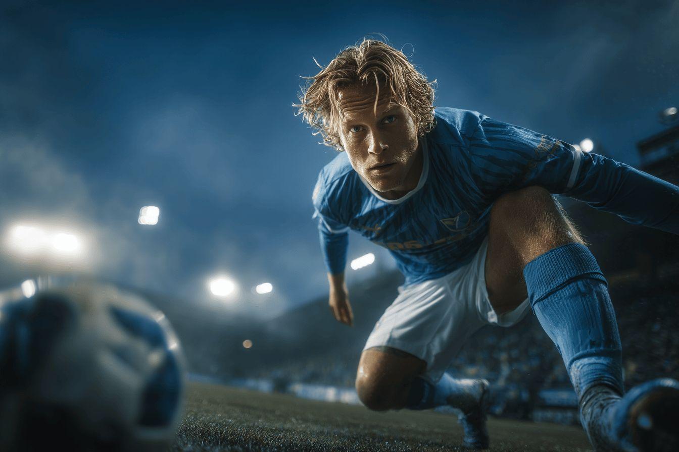 Determined athlete in blue jersey running on football field