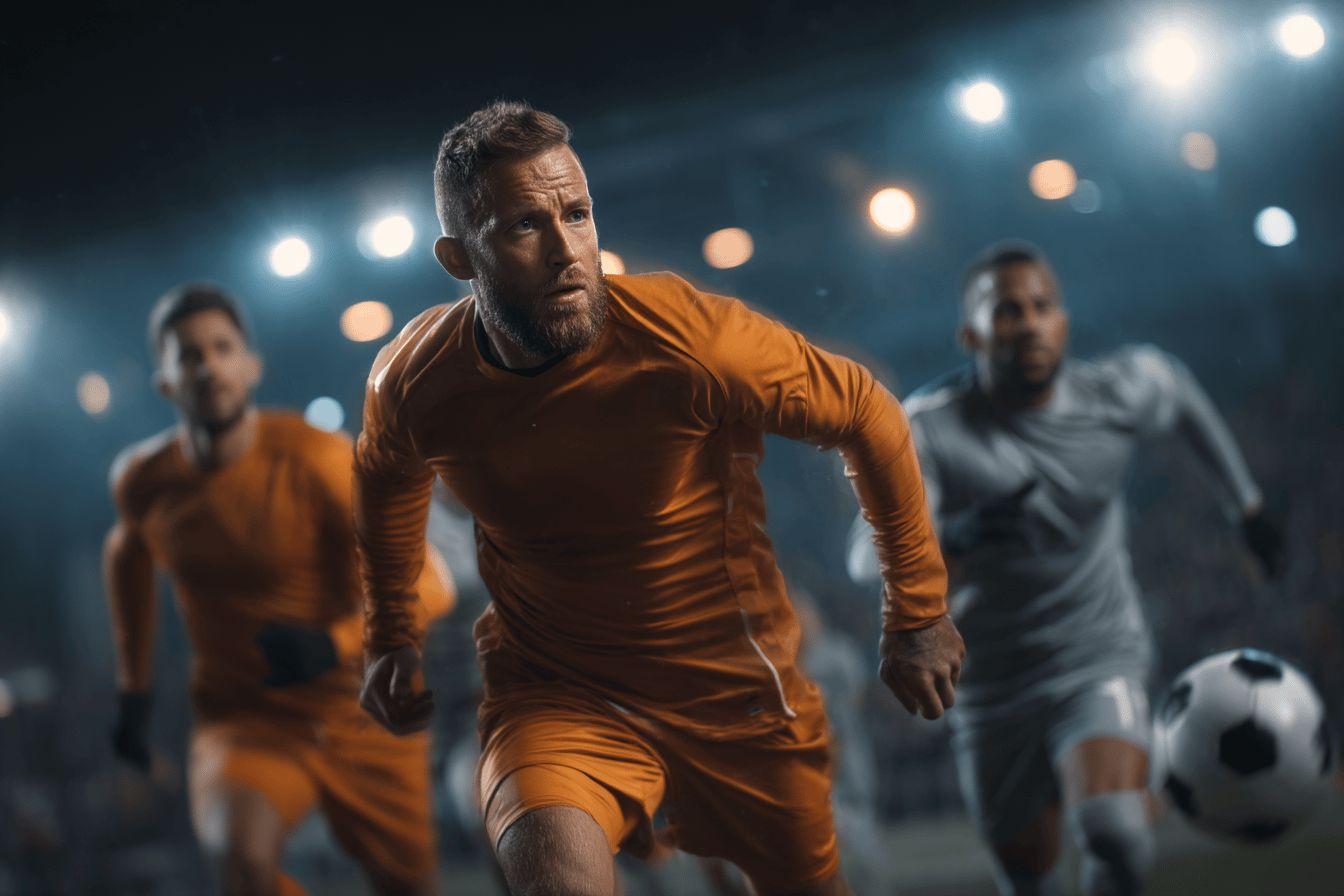 Determined athletes in orange jerseys running on field